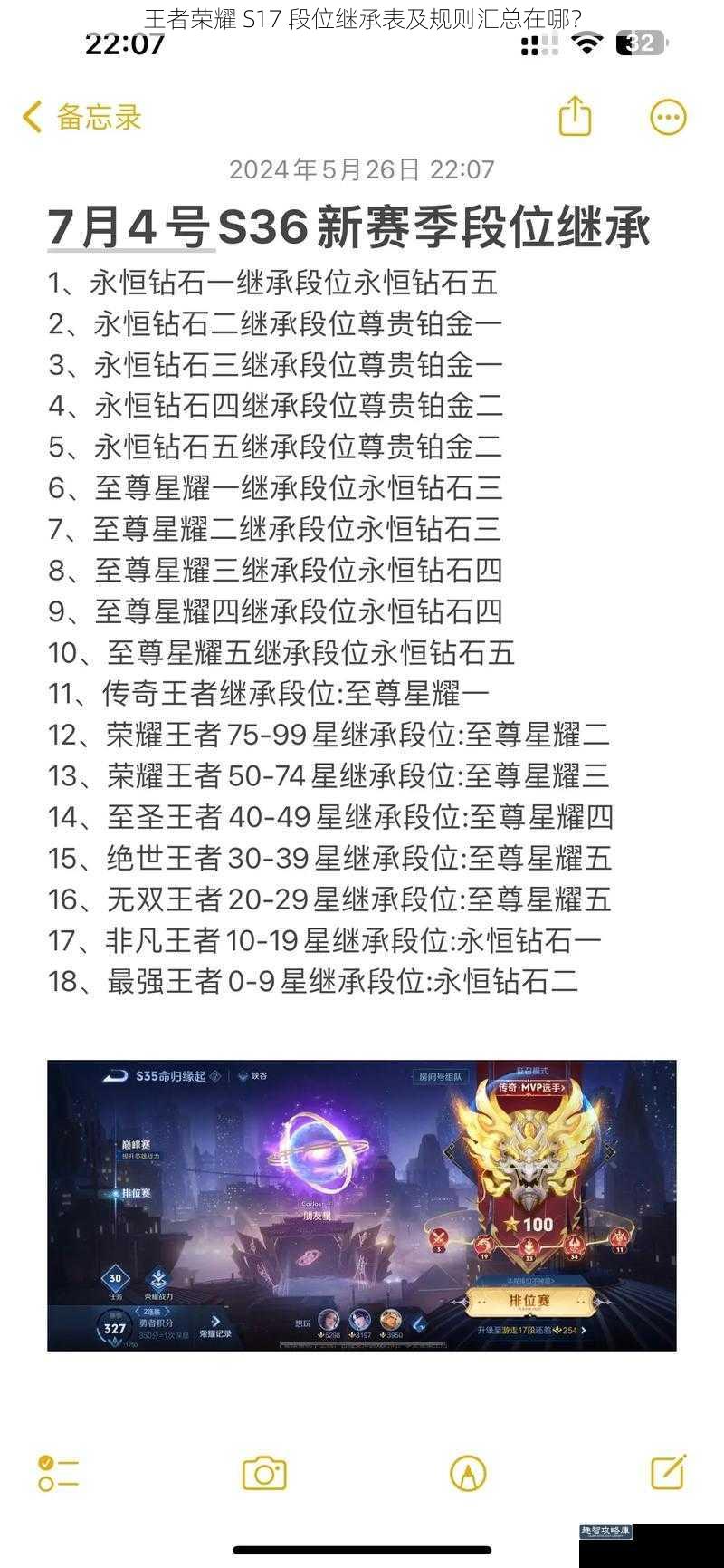 王者荣耀 S17 段位继承表及规则汇总在哪?