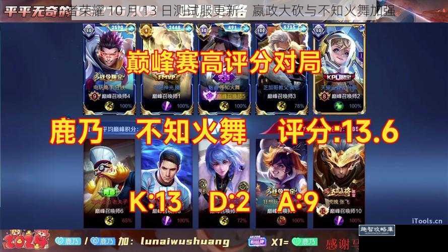 王者荣耀 10 月 13 日测试服更新:嬴政大砍与不知火舞加强