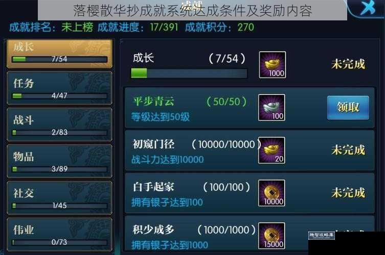 落樱散华抄成就系统达成条件及奖励内容